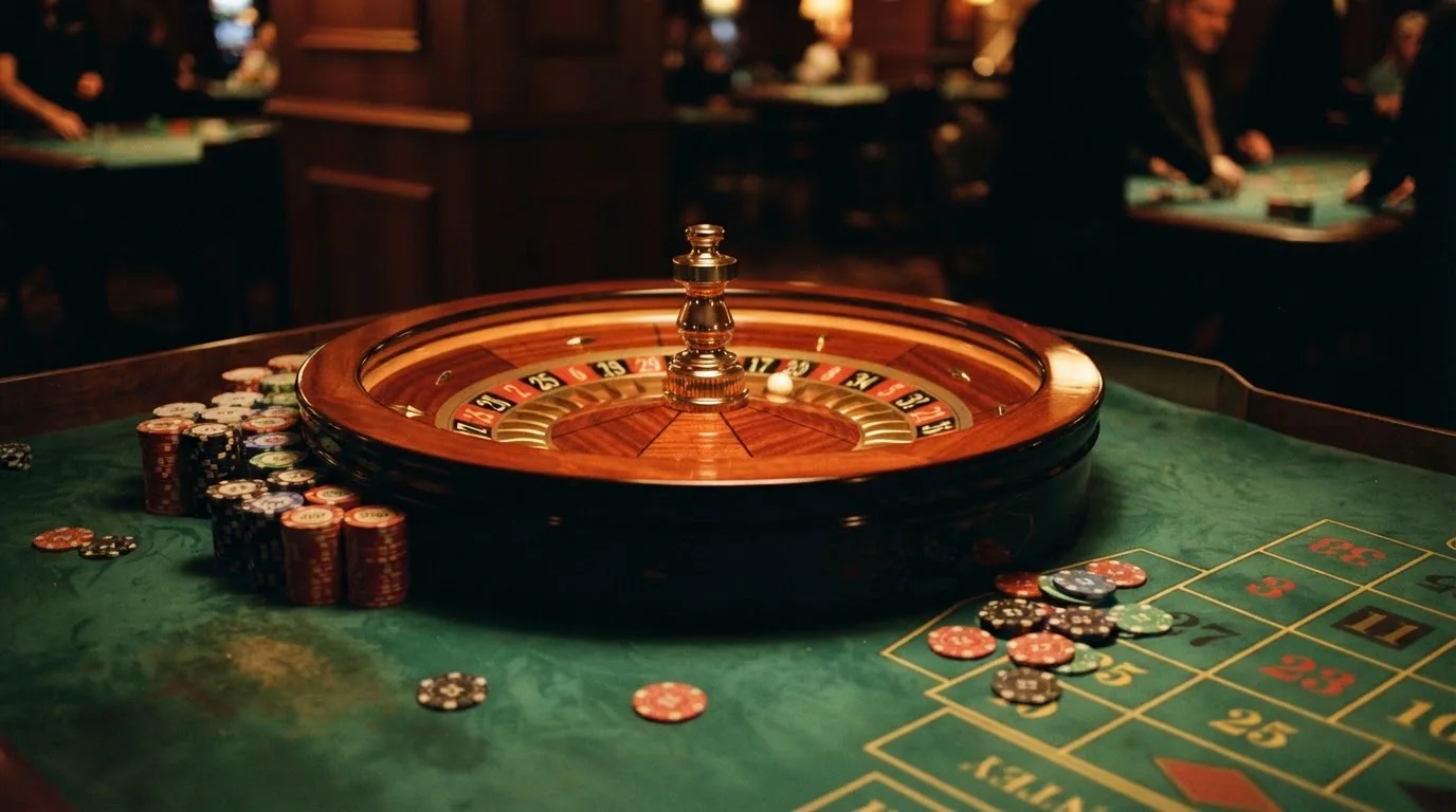 Rulettkerék és zsetonok zöld posztón, meleg esti fényben — blackjack játék magyarországon