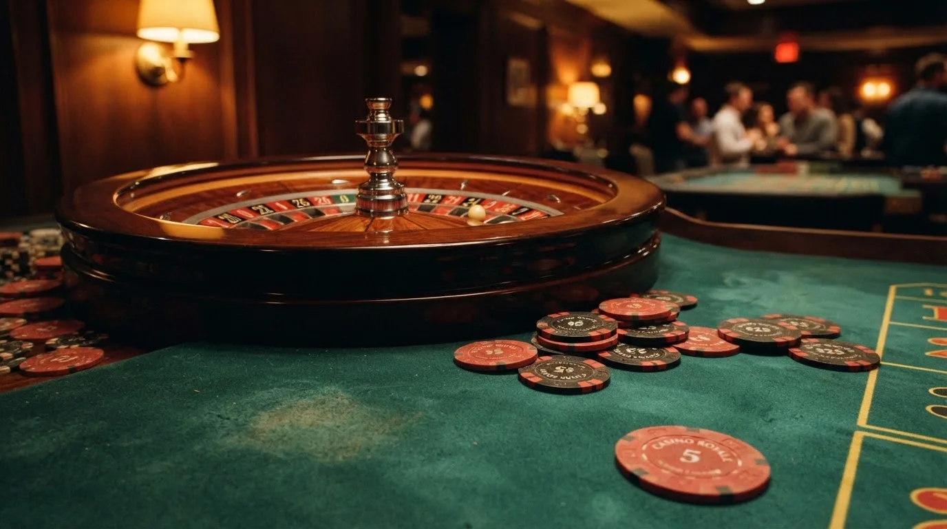 Rulettkerék és zsetonok zöld posztón, meleg esti fényben — blackjack szabályok magyaroknak