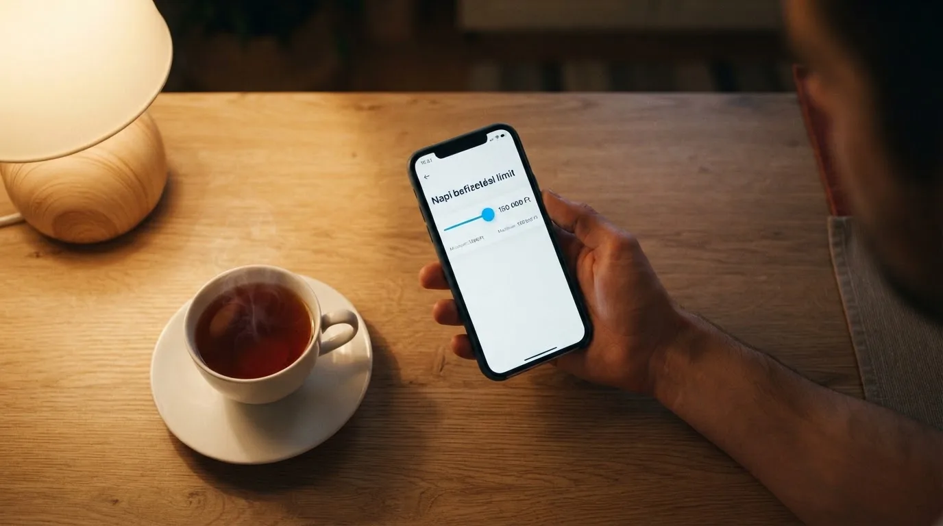 Kéz tart egy mobiltelefont egy csésze tea mellett a konyhaasztalon egy nyugodt estén — kaszinó szerencsejáték magyarországon