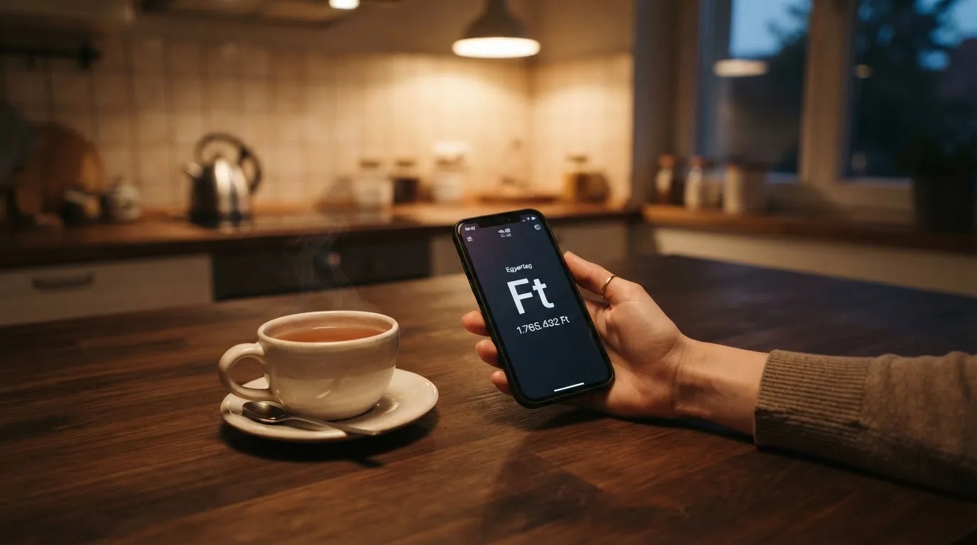 Kéz tart egy mobiltelefont egy csésze tea mellett a konyhaasztalon egy nyugodt estén — külföldi magyar kaszinók