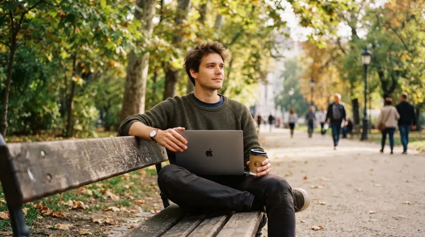 Fiatal férfi parkpadon ül, kezében összecsukott laptop és kávé, nyugodtan szünetet tart, a háttérben fák.