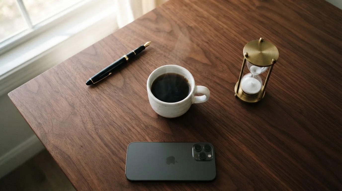 Madártávlati fotó rendezett asztalról: toll, kávé, kis homokóra és zárt telefon, nyugodt, átgondolt hangulat, felirat nélkül.