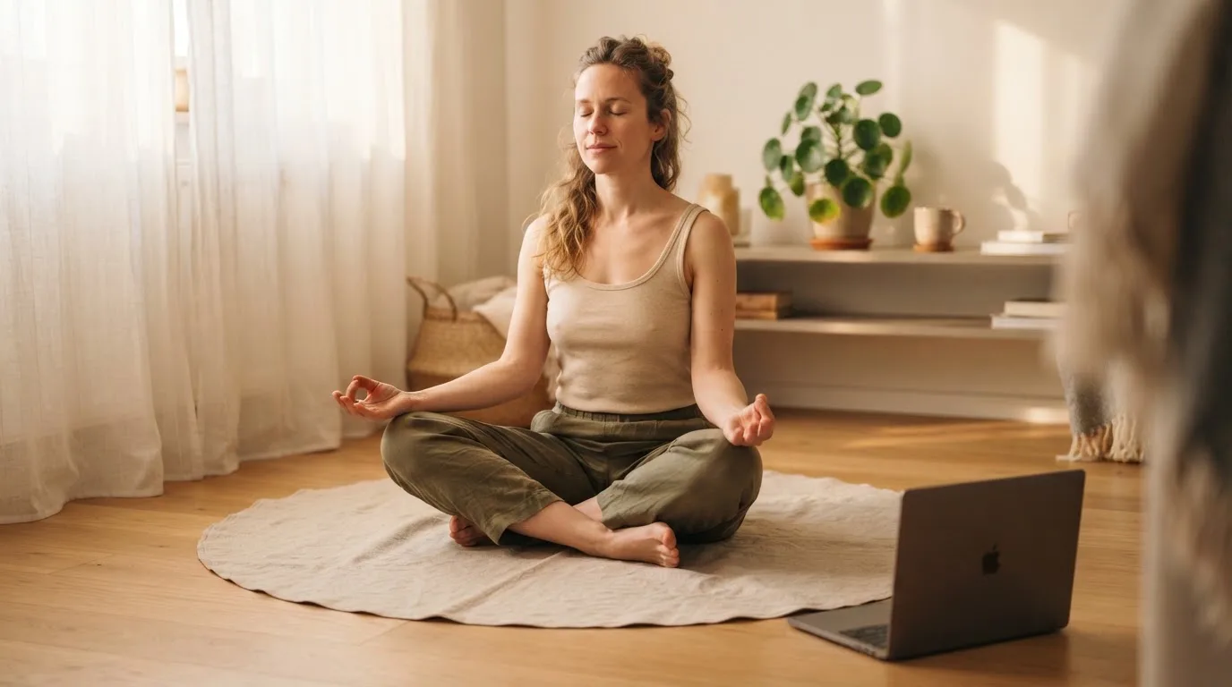 Egy nő a nappaliban jógázik, mellette összecsukott laptop, nyugodt, kiegyensúlyozott délutáni fény.