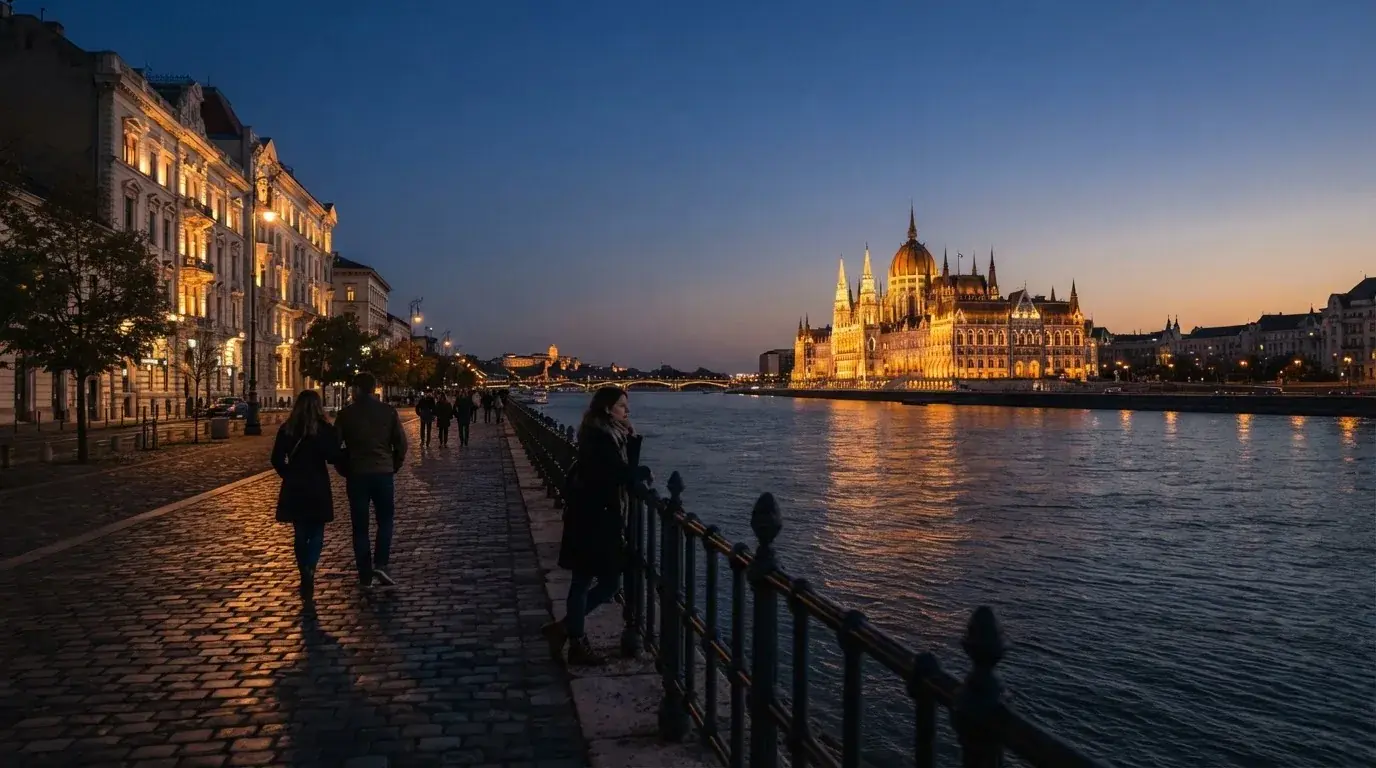 Budapesti belváros esti látképe a Duna-parttal és a Parlament sziluettjével, járókelők a rakparton, megvilágított hivatali épületek.